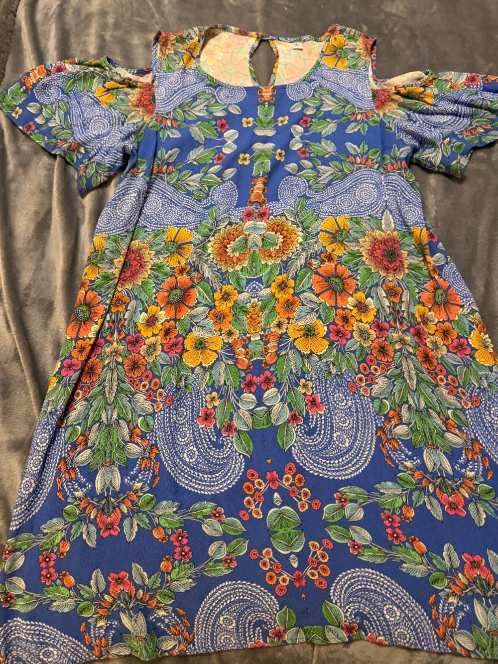Women's XL Blue Floral Paisley Cold Shoulder Shift Dress Made in USA